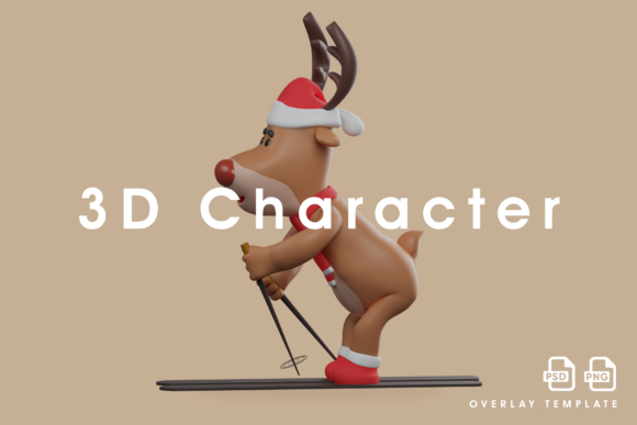3D Christmas Deer Cartoon on Ski Racing Illustrations