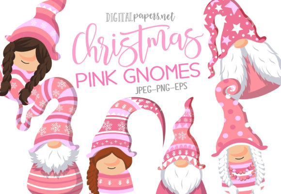 Christmas Pink Gnomes Illustrations for Festive Design Projects