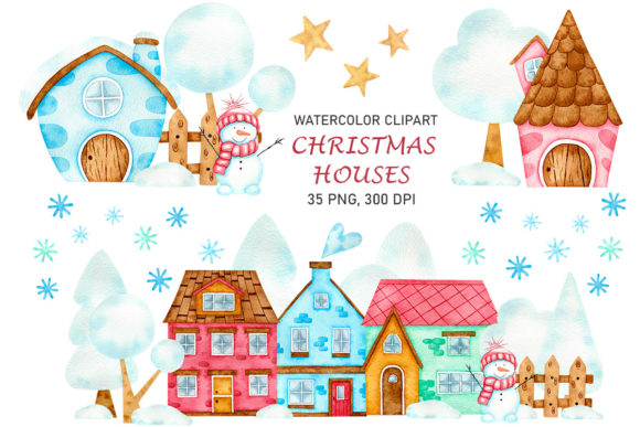 Watercolor Christmas Houses Clipart for Branding and Marketing
