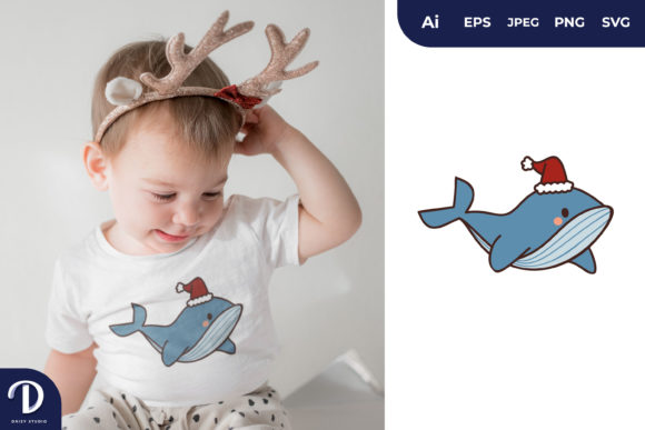 Whale Wearing Christmas Hat Illustration for Digital Products